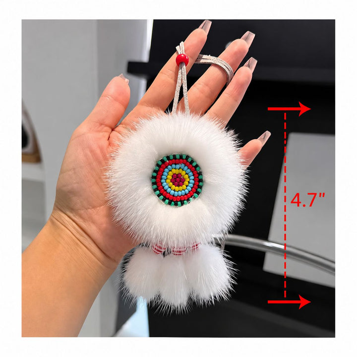 Ethnic Sunflower Boho Style Real White Mink Fur Fluffy Keychain