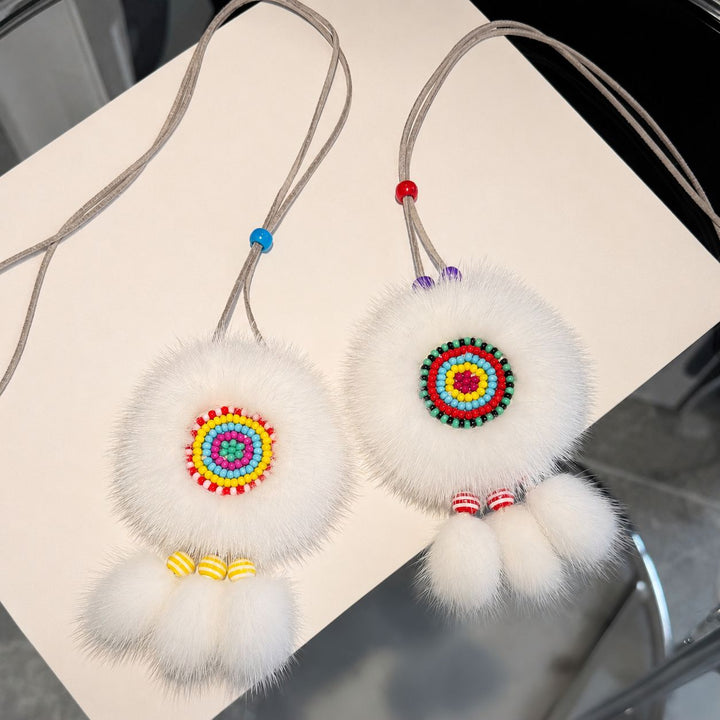 Ethnic Sunflower Boho Style Real White Mink Fur Fluffy Keychain