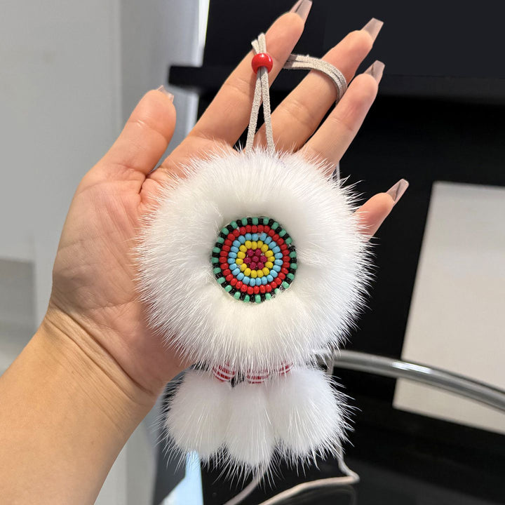 Ethnic Sunflower Boho Style Real White Mink Fur Fluffy Keychain