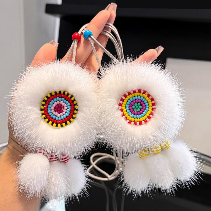 Ethnic Sunflower Boho Style Real White Mink Fur Fluffy Keychain