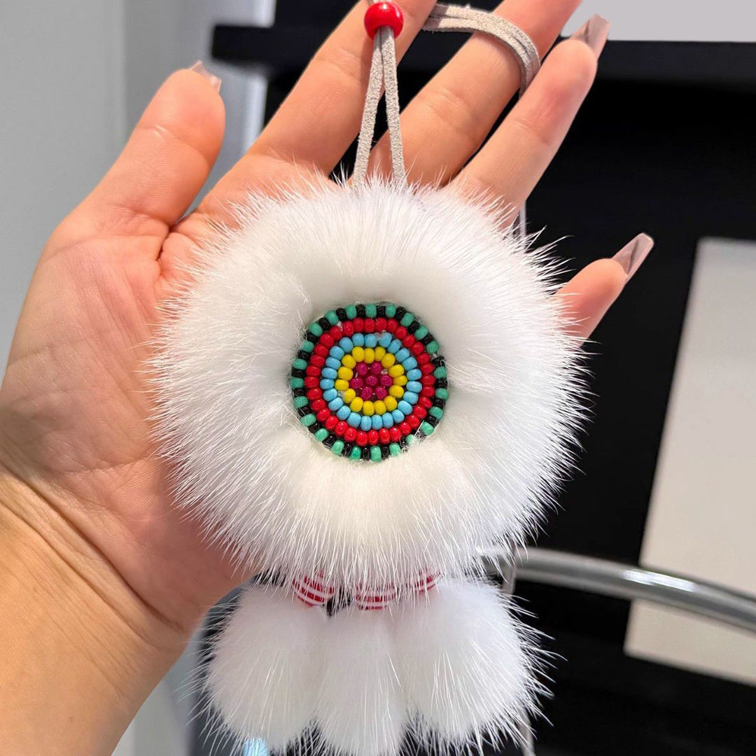 Ethnic Sunflower Boho Style Real White Mink Fur Fluffy Keychain