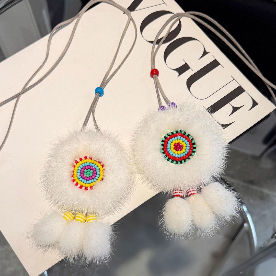 Ethnic Sunflower Boho Style Real White Mink Fur Fluffy Keychain