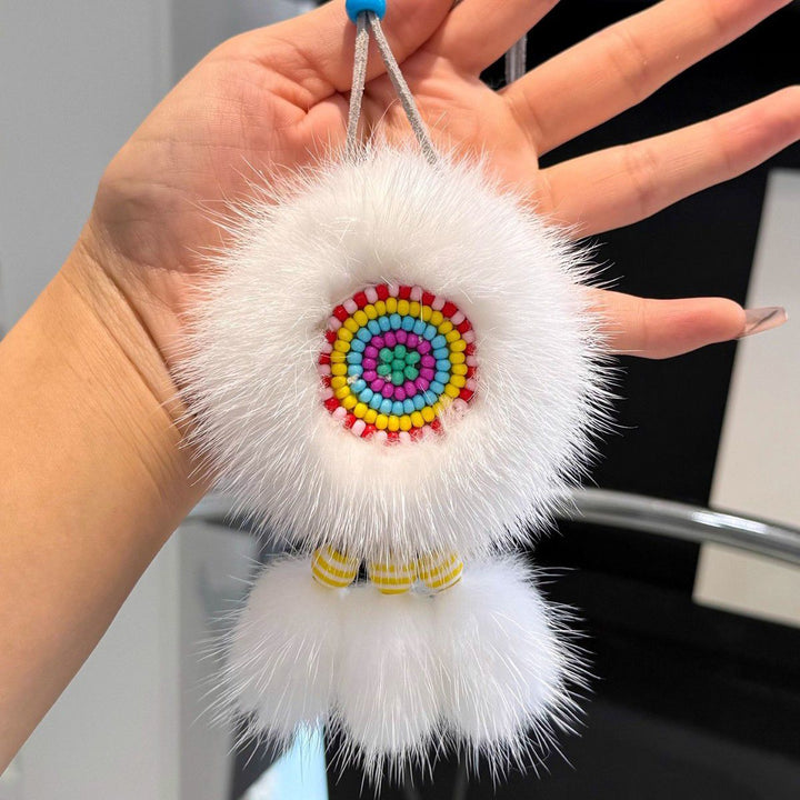 Ethnic Sunflower Boho Style Real White Mink Fur Fluffy Keychain
