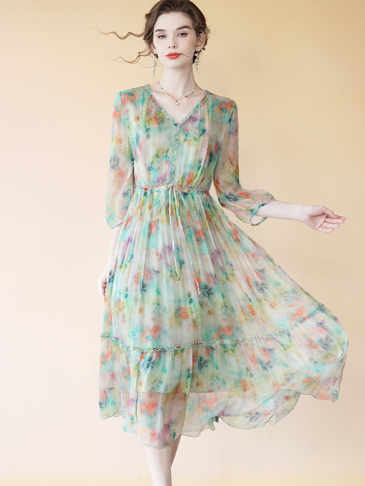 Fancy Floral Light Green V Neck Flowy High Tea Silk Dress SD073