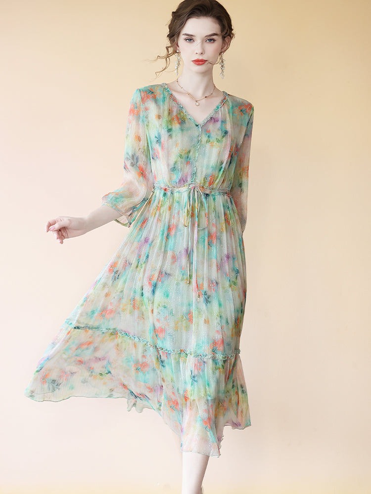 Fancy Floral Light Green V Neck Flowy High Tea Silk Dress SD073