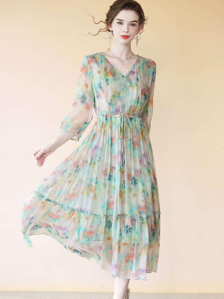 Fancy Floral Light Green V Neck Flowy High Tea Silk Dress SD073