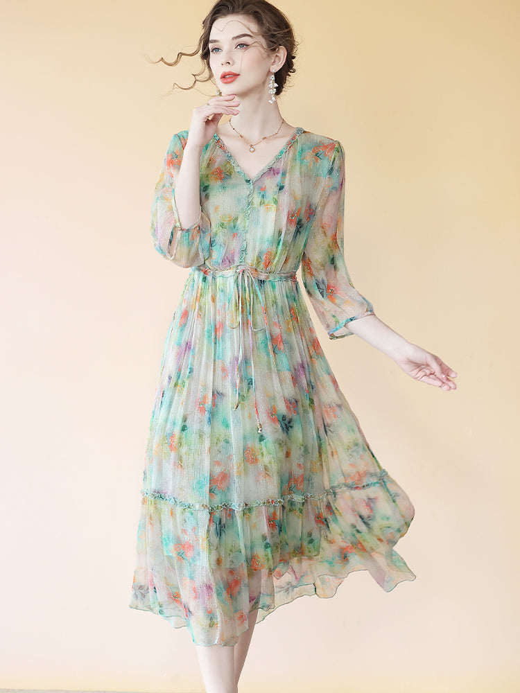 Fancy Floral Light Green V Neck Flowy High Tea Silk Dress SD073