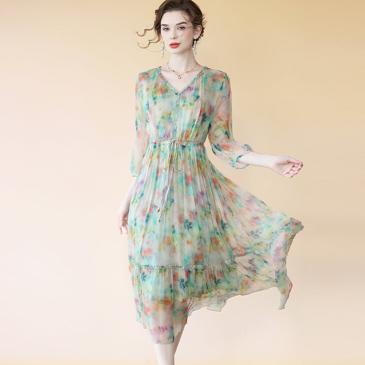 Fancy Floral Light Green V Neck Flowy High Tea Silk Dress SD073