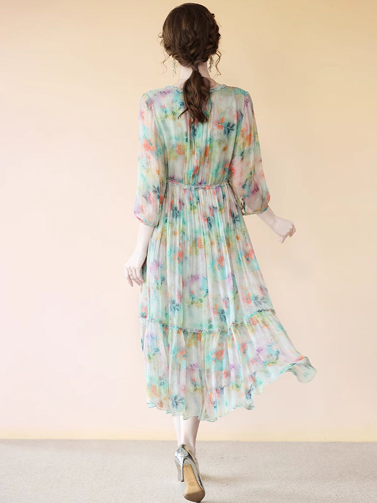 Fancy Floral Light Green V Neck Flowy High Tea Silk Dress SD073