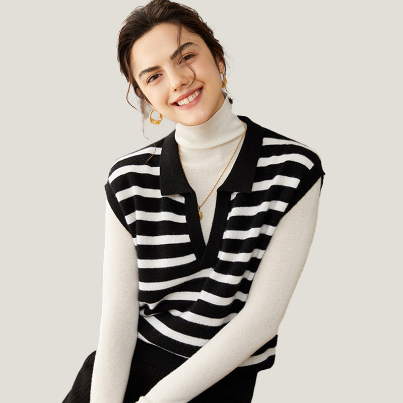 Fashion Striped Cashmere Polo Vest Black And White Wool Sweater For Women CP010