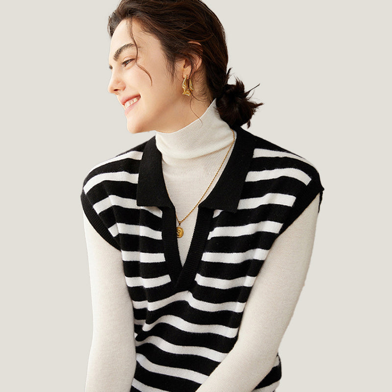 Fashion Striped Cashmere Polo Vest Black And White Wool Sweater For Women CP010