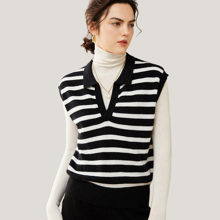 Fashion Striped Cashmere Polo Vest Black And White Wool Sweater For Women CP010