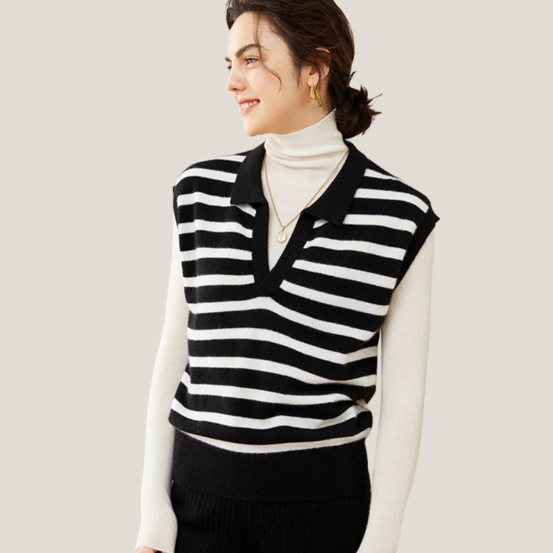 Fashion Striped Cashmere Polo Vest Black And White Wool Sweater For Women CP010