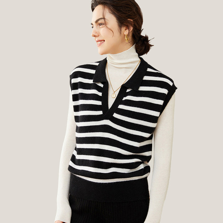 Fashion Striped Cashmere Polo Vest Black And White Wool Sweater For Women CP010