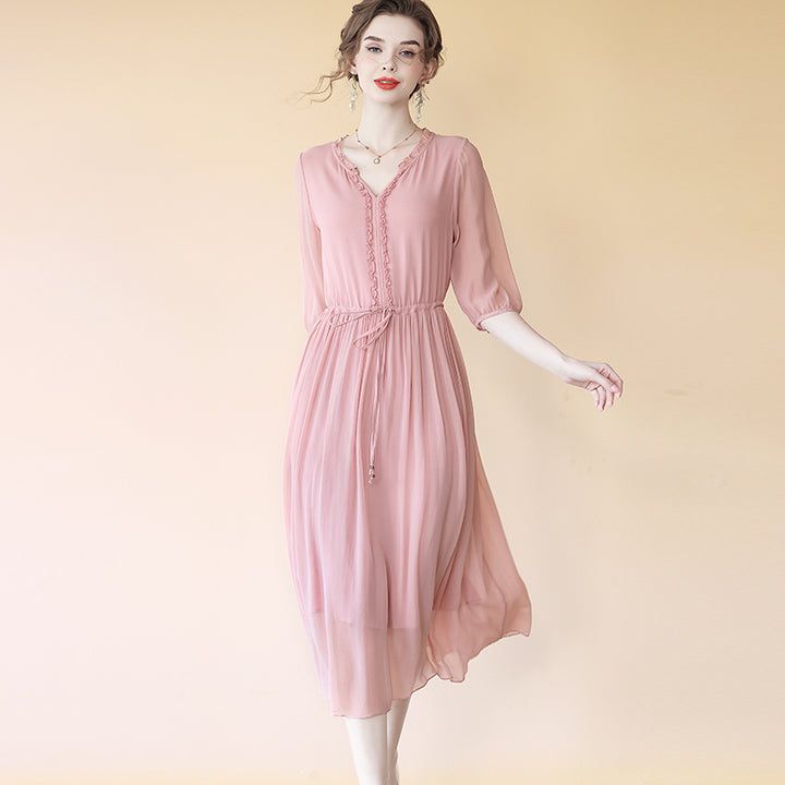 Flowy V-neck Fungus Ruffle Rosy Pink Belted Midi Silk Dress SD070