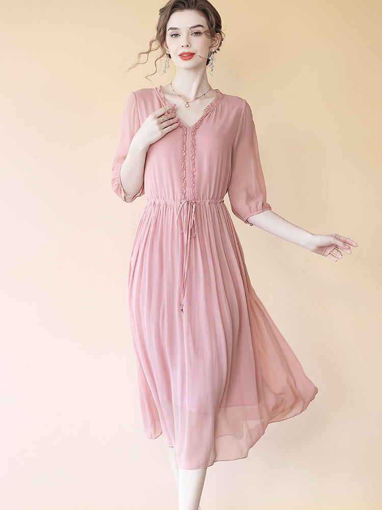 Flowy V-neck Fungus Ruffle Rosy Pink Belted Midi Silk Dress SD070