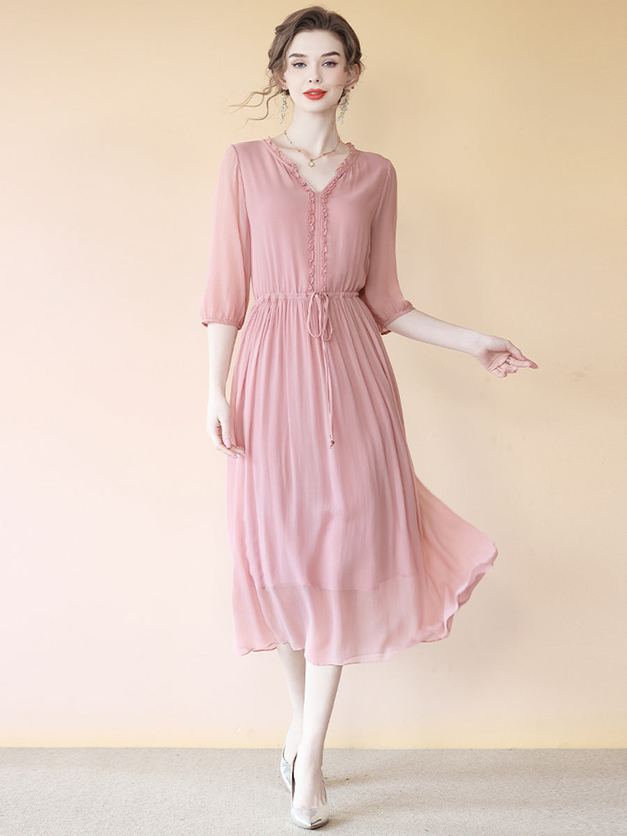 Flowy V-neck Fungus Ruffle Rosy Pink Belted Midi Silk Dress SD070