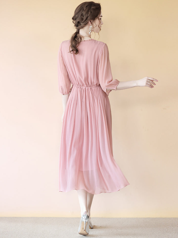 Flowy V-neck Fungus Ruffle Rosy Pink Belted Midi Silk Dress SD070