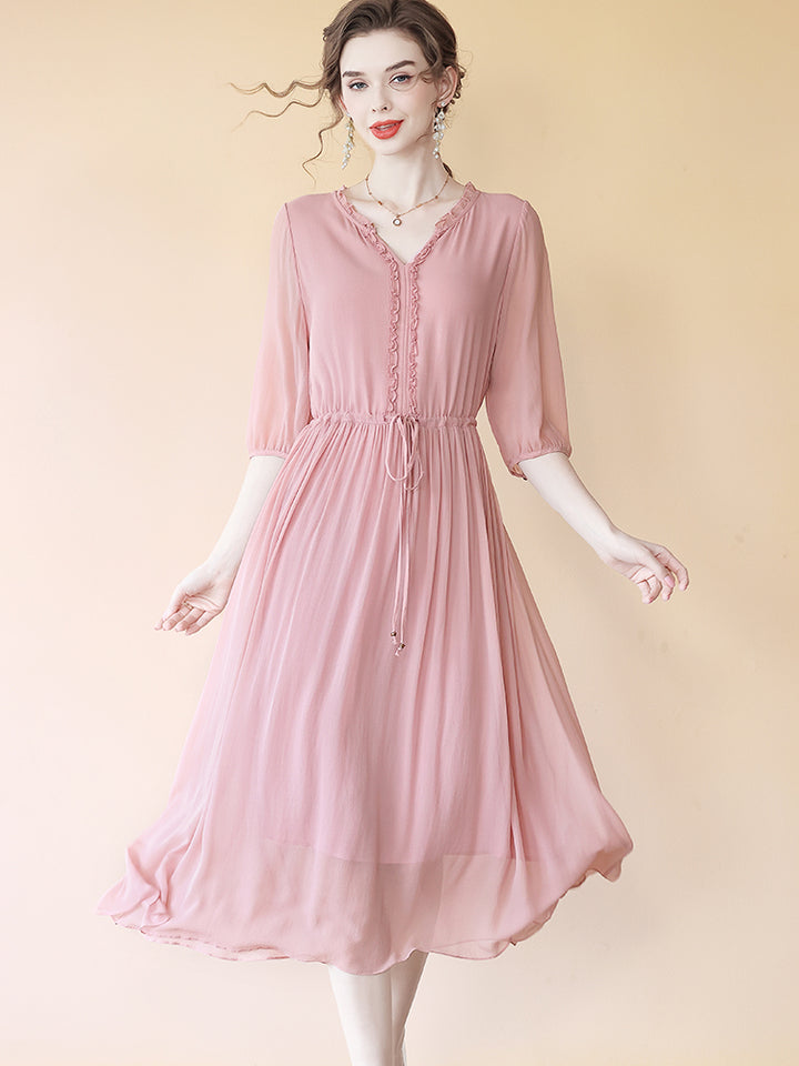 Flowy V-neck Fungus Ruffle Rosy Pink Belted Midi Silk Dress SD070