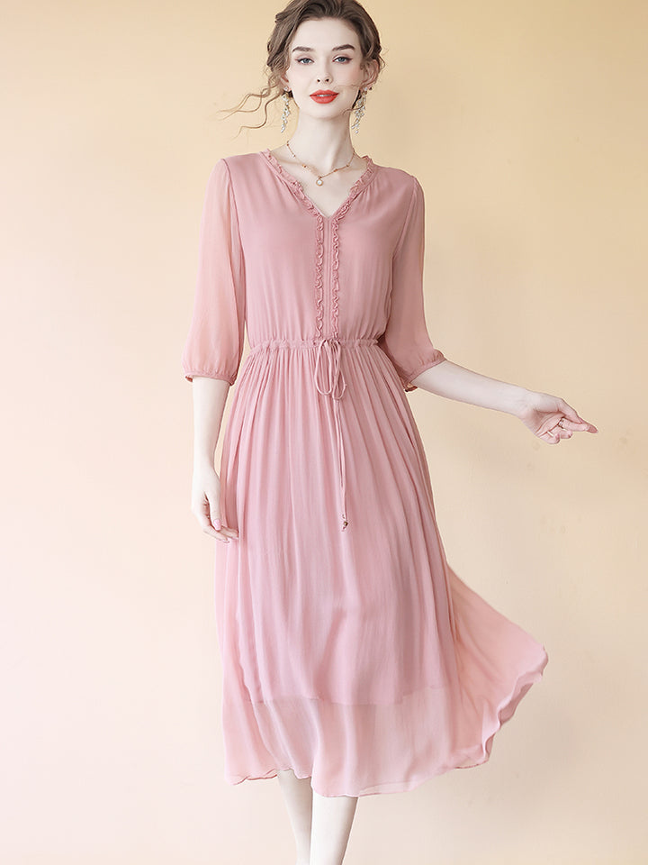 Flowy V-neck Fungus Ruffle Rosy Pink Belted Midi Silk Dress SD070