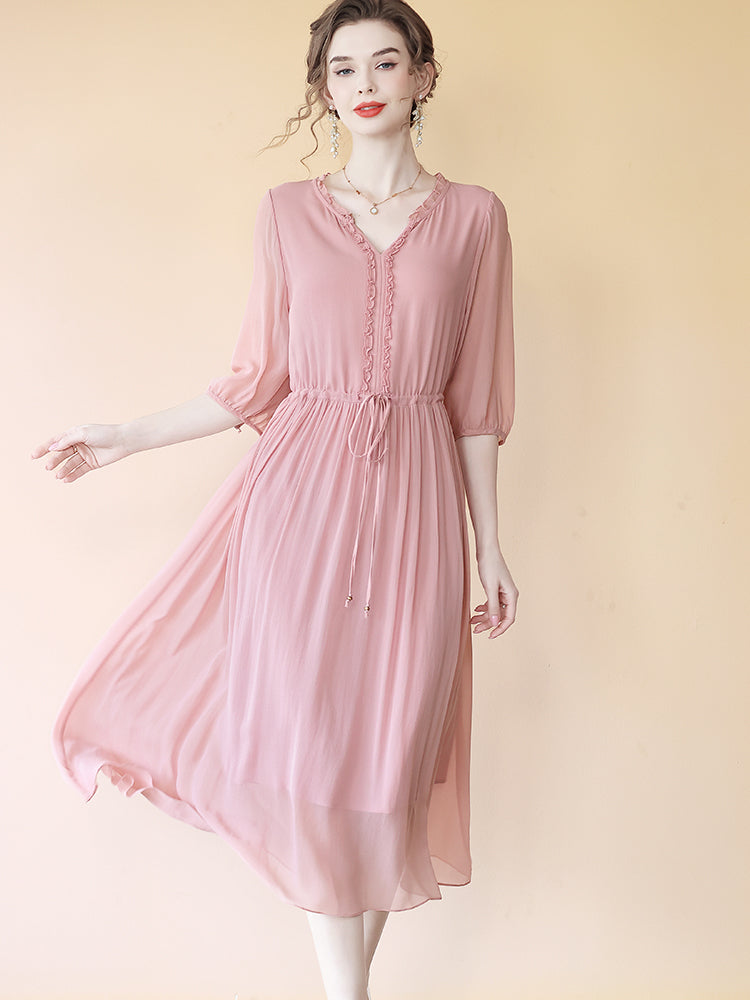 Flowy V-neck Fungus Ruffle Rosy Pink Belted Midi Silk Dress SD070