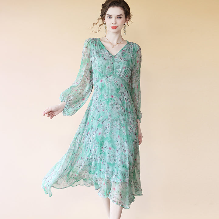 Fresh Turquoise Floral V Neck Long Silk Dress With Sleeves SD074