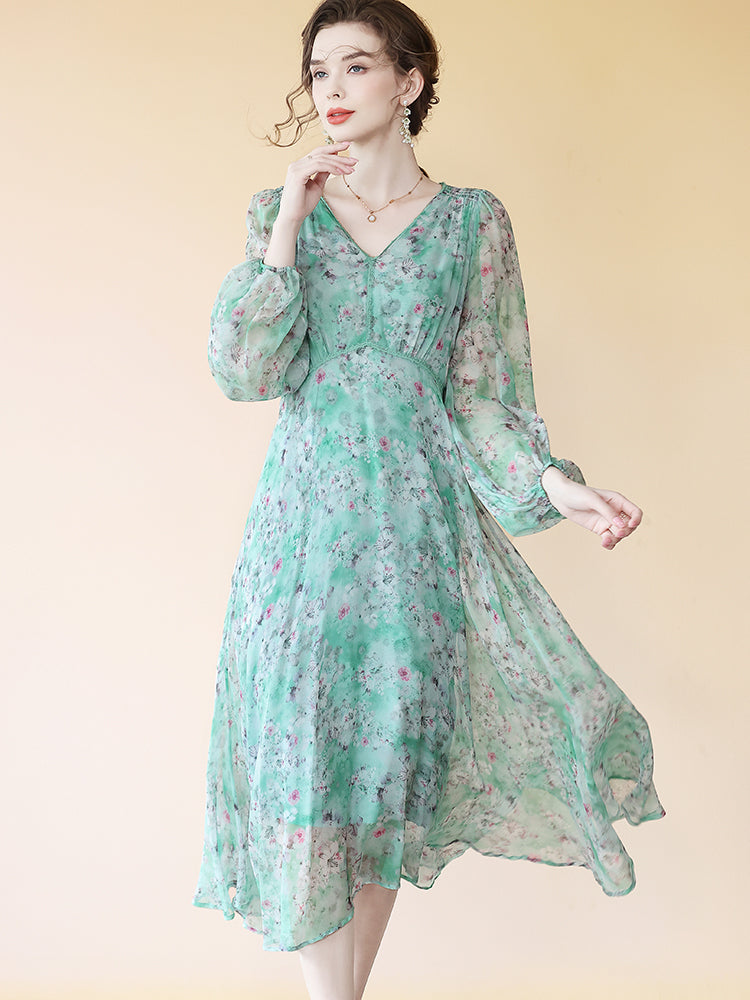 Fresh Turquoise Floral V Neck Long Silk Dress With Sleeves SD074