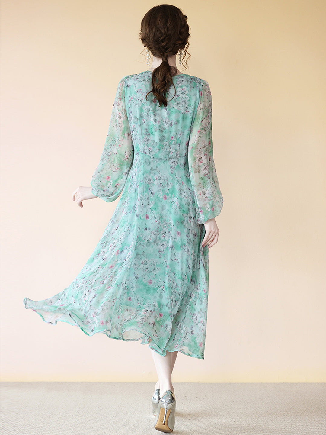 Fresh Turquoise Floral V Neck Long Silk Dress With Sleeves SD074