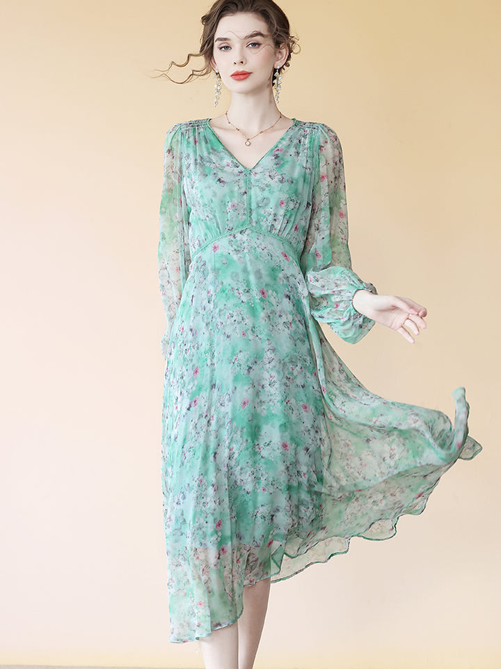 Fresh Turquoise Floral V Neck Long Silk Dress With Sleeves SD074