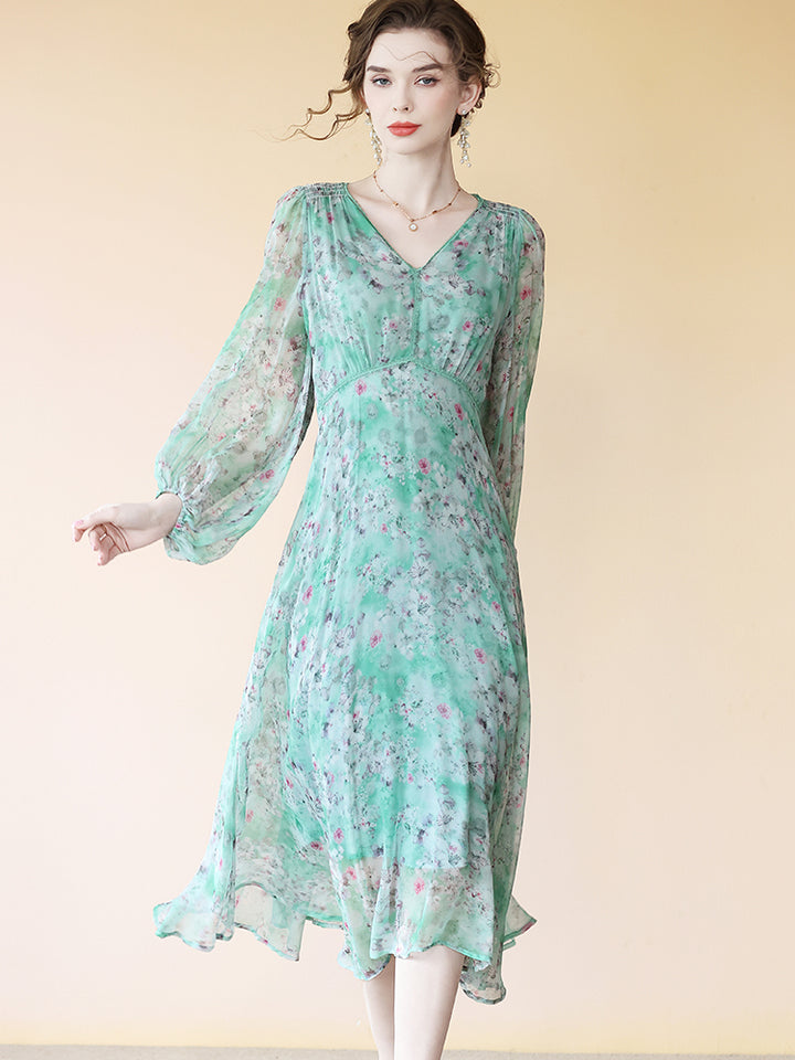 Fresh Turquoise Floral V Neck Long Silk Dress With Sleeves SD074