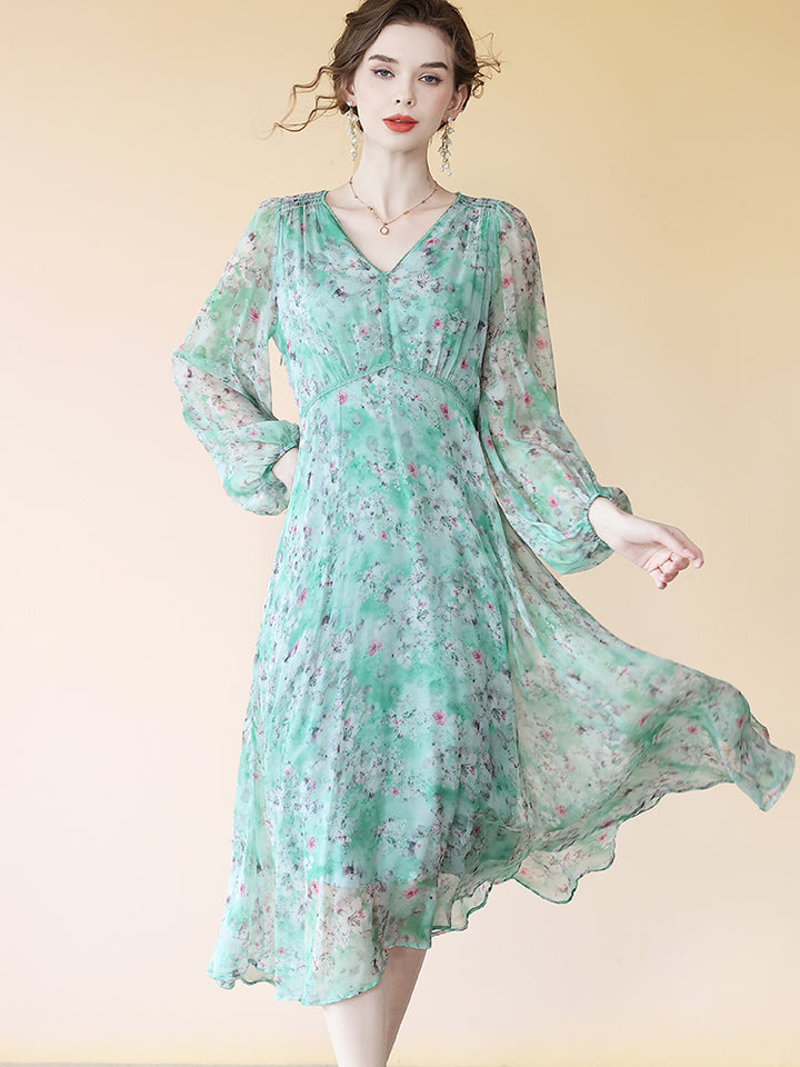 Fresh Turquoise Floral V Neck Long Silk Dress With Sleeves SD074