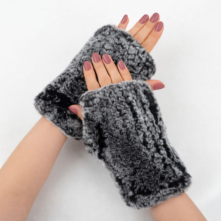 Women’s Real Rabbit Fur Fingerless Gloves Soft Plush Winter Knitted Mittens
