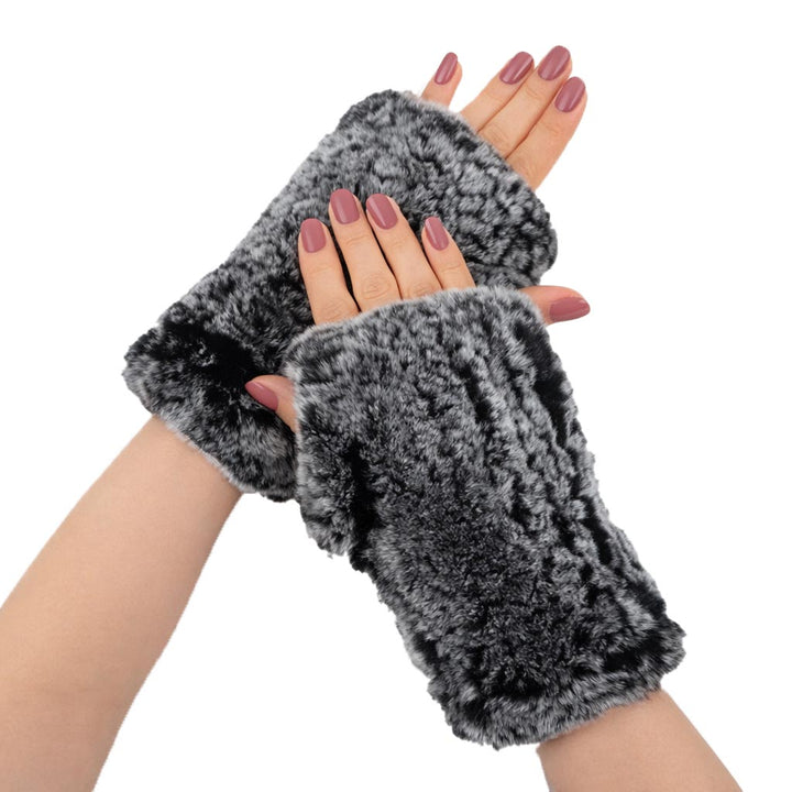 Women’s Real Rabbit Fur Fingerless Gloves Soft Plush Winter Knitted Mittens
