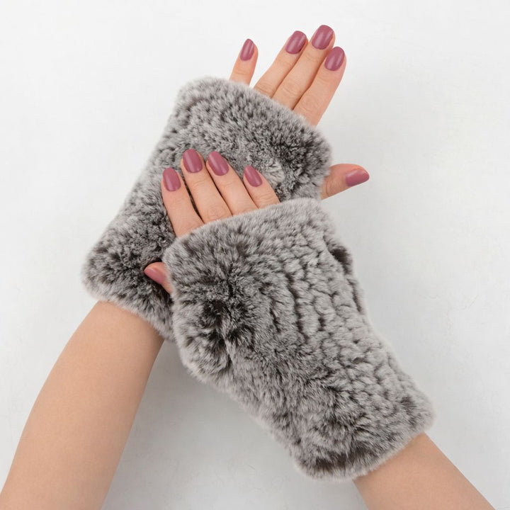 Women’s Real Rabbit Fur Fingerless Gloves Soft Plush Winter Knitted Mittens