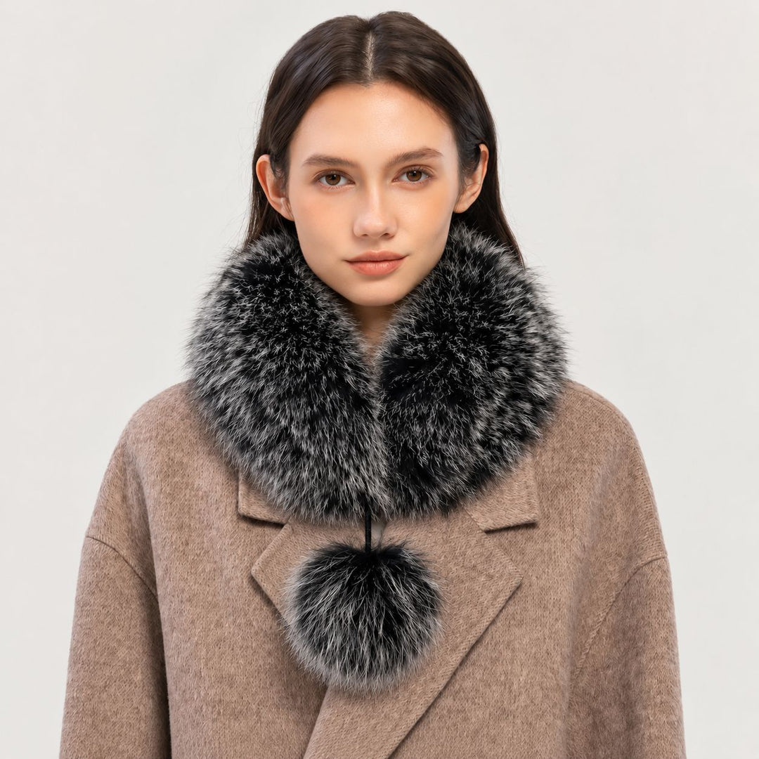 Women’s Real Fox Fur Scarf with Pom-Pom Genuine Fur Collar Neck Warmer