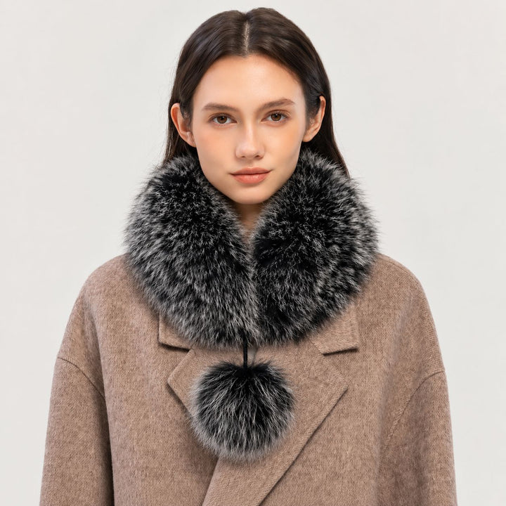 Women’s Real Fox Fur Scarf with Pom-Pom Genuine Fur Collar Neck Warmer