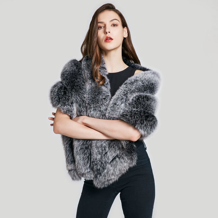 Luxury Real Fox Fur Shawl Wrap for Women Plush Evening Cape Stole