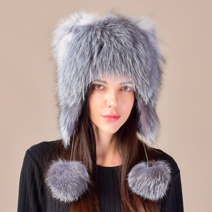 Cute Fox Ear Pom-Pom Fur Trapper Hat Luxury Winter Warm Snow Fur Hat for Cold Weather