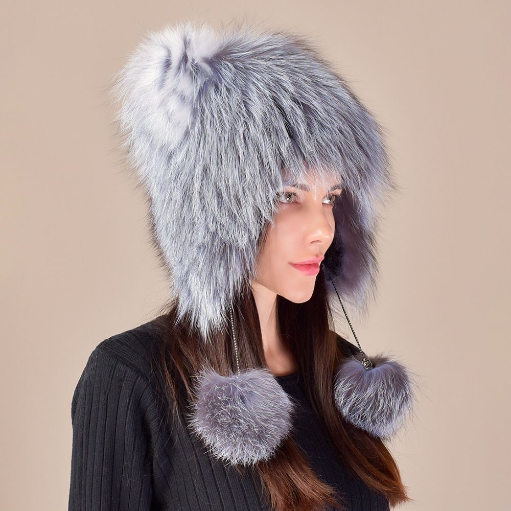 Cute Fox Ear Pom-Pom Fur Trapper Hat Luxury Winter Warm Snow Fur Hat for Cold Weather