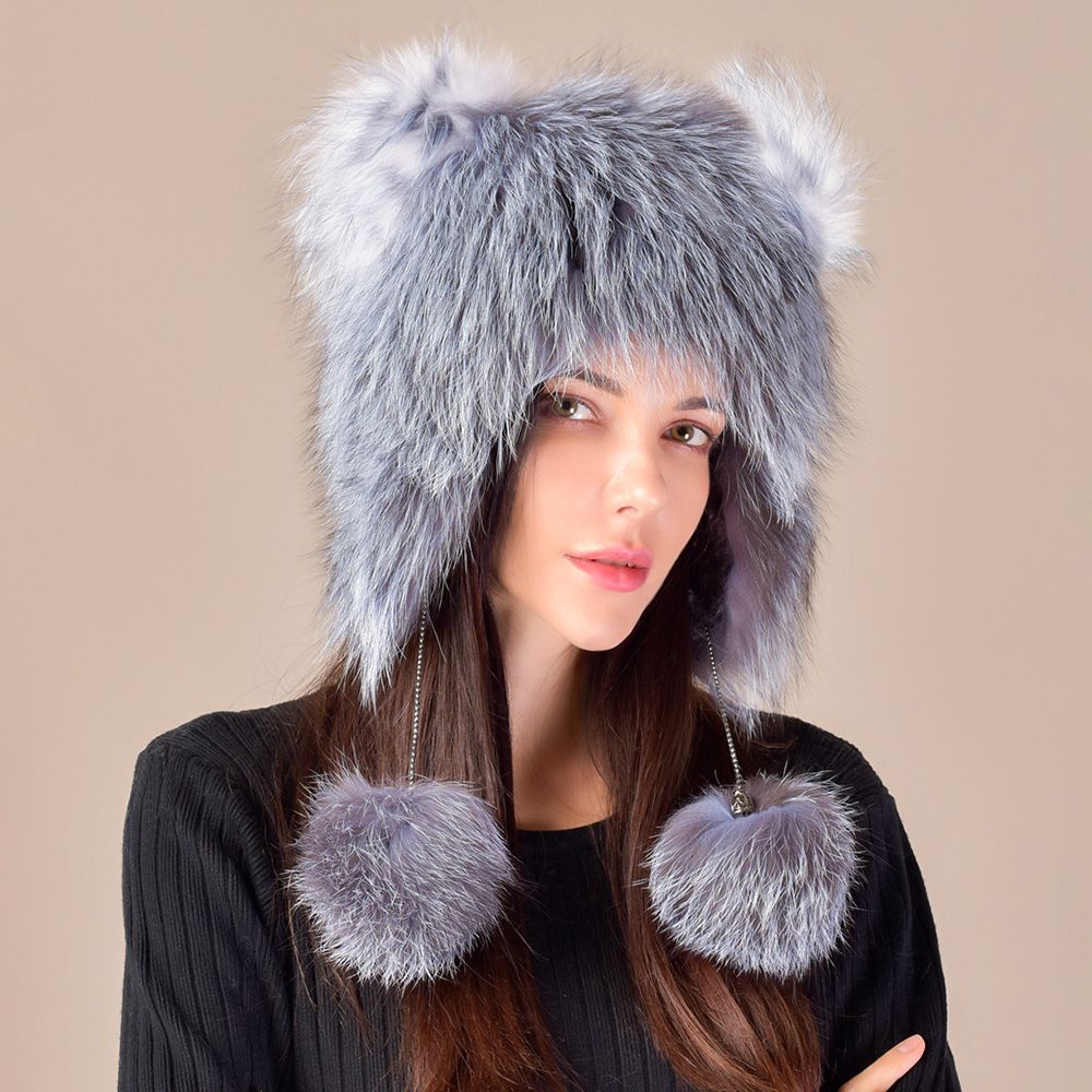 Cute Fox Ear Pom-Pom Fur Trapper Hat Luxury Winter Warm Snow Fur Hat for Cold Weather