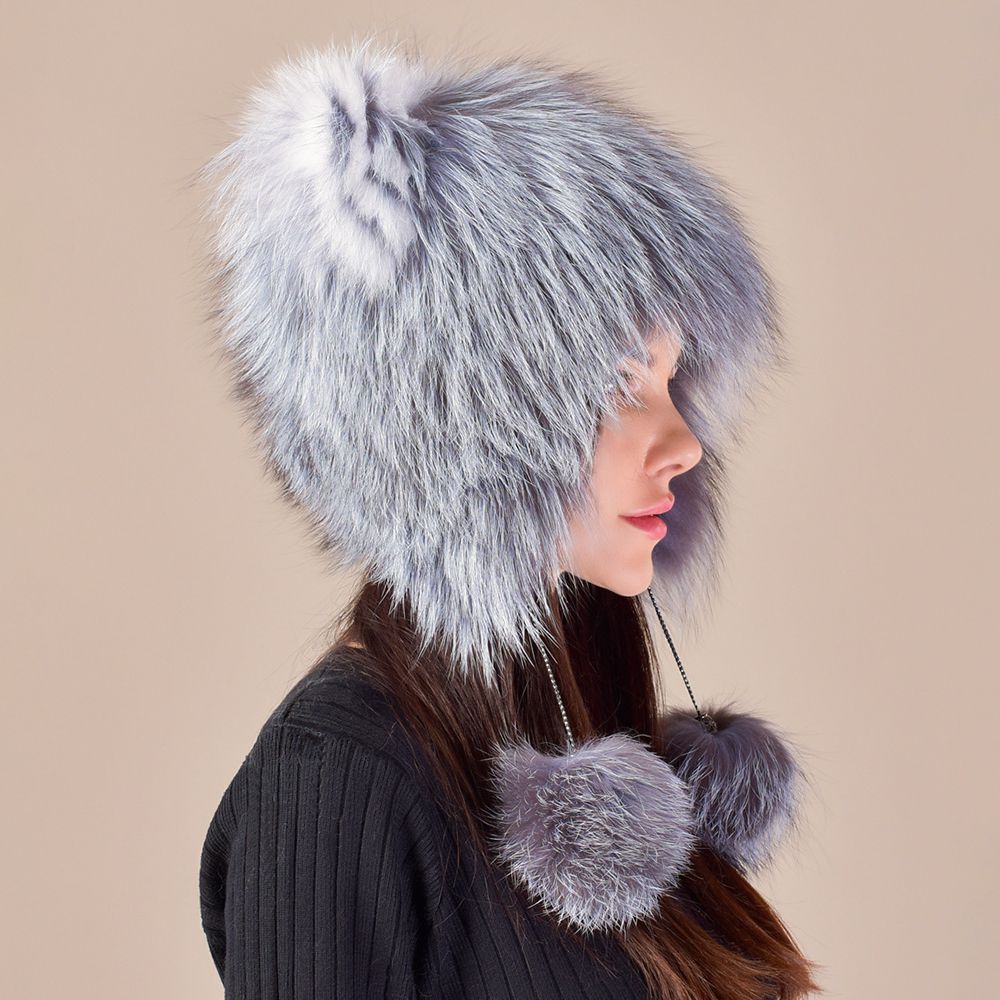 Cute Fox Ear Pom-Pom Fur Trapper Hat Luxury Winter Warm Snow Fur Hat for Cold Weather