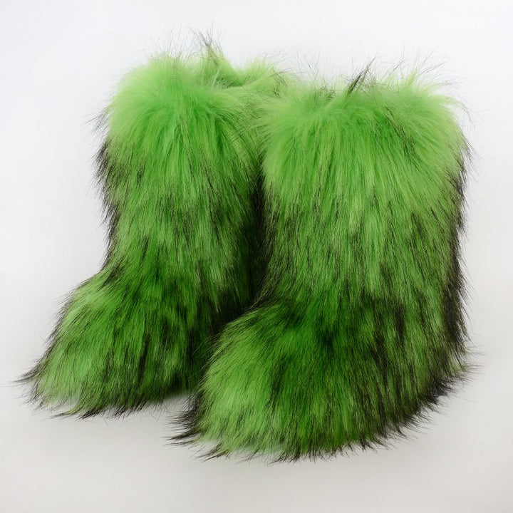 Faux Raccoon Fur Snow Boots for Women Winter Furry Cozy Slip-On Ankle Fur Boots