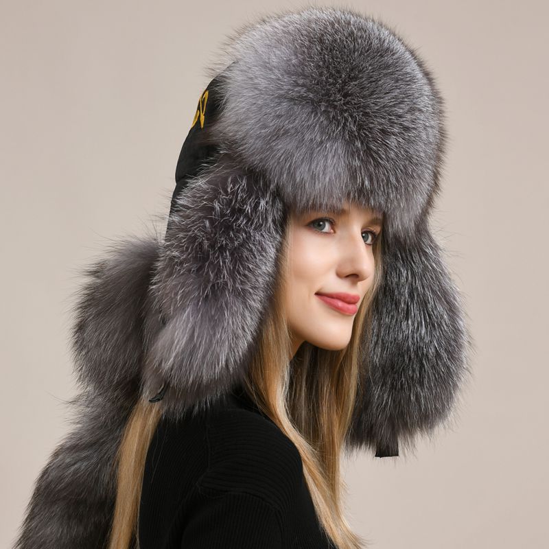 Embroidered Luxury Real Fox Fur Trapper Hat Unisex Ushanka with Detachable Long Tail