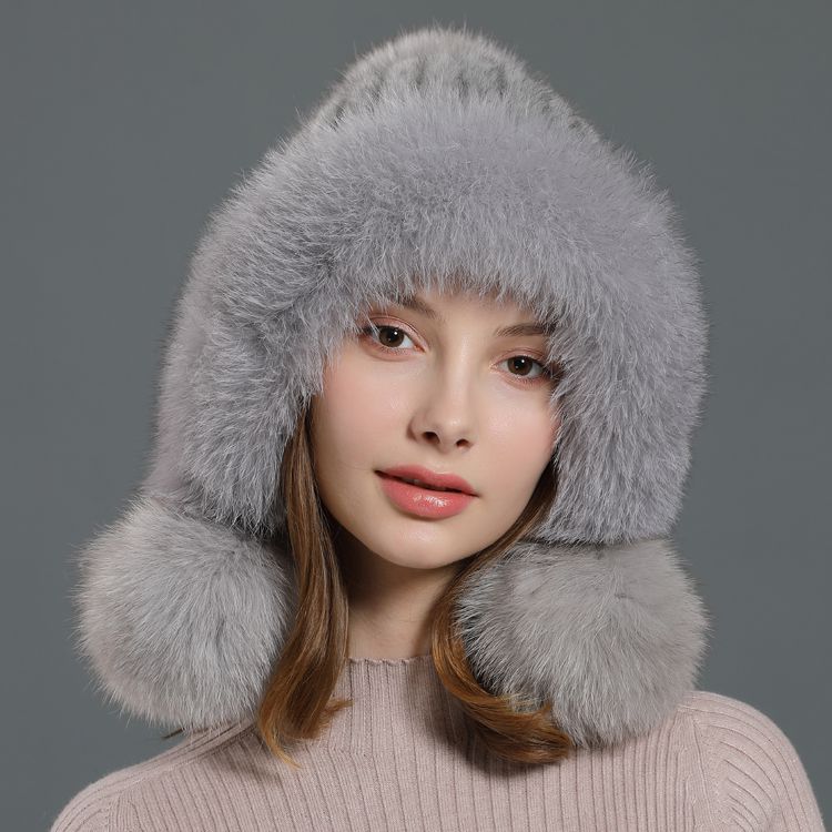 Luxury Real Mink Fur Hat with Fox Fur Trim Women Winter Knit Beanie with Pom-Pom Ear Flaps