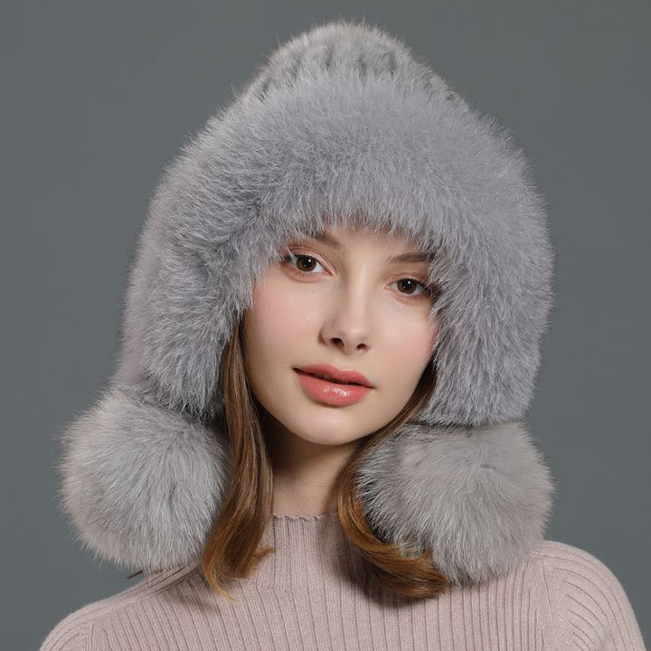 Luxury Real Mink Fur Hat with Fox Fur Trim Women Winter Knit Beanie with Pom-Pom Ear Flaps