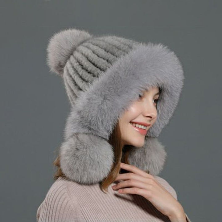 Luxury Real Mink Fur Hat with Fox Fur Trim Women Winter Knit Beanie with Pom-Pom Ear Flaps