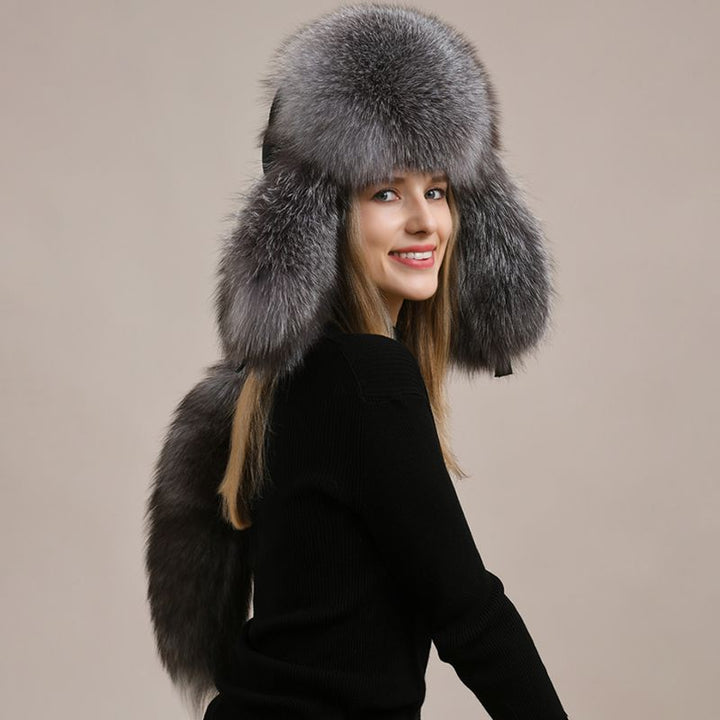 Embroidered Luxury Real Fox Fur Trapper Hat Unisex Ushanka with Detachable Long Tail