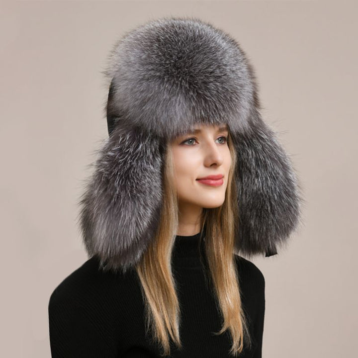 Embroidered Luxury Real Fox Fur Trapper Hat Unisex Ushanka with Detachable Long Tail
