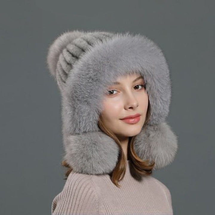 Luxury Real Mink Fur Hat with Fox Fur Trim Women Winter Knit Beanie with Pom-Pom Ear Flaps