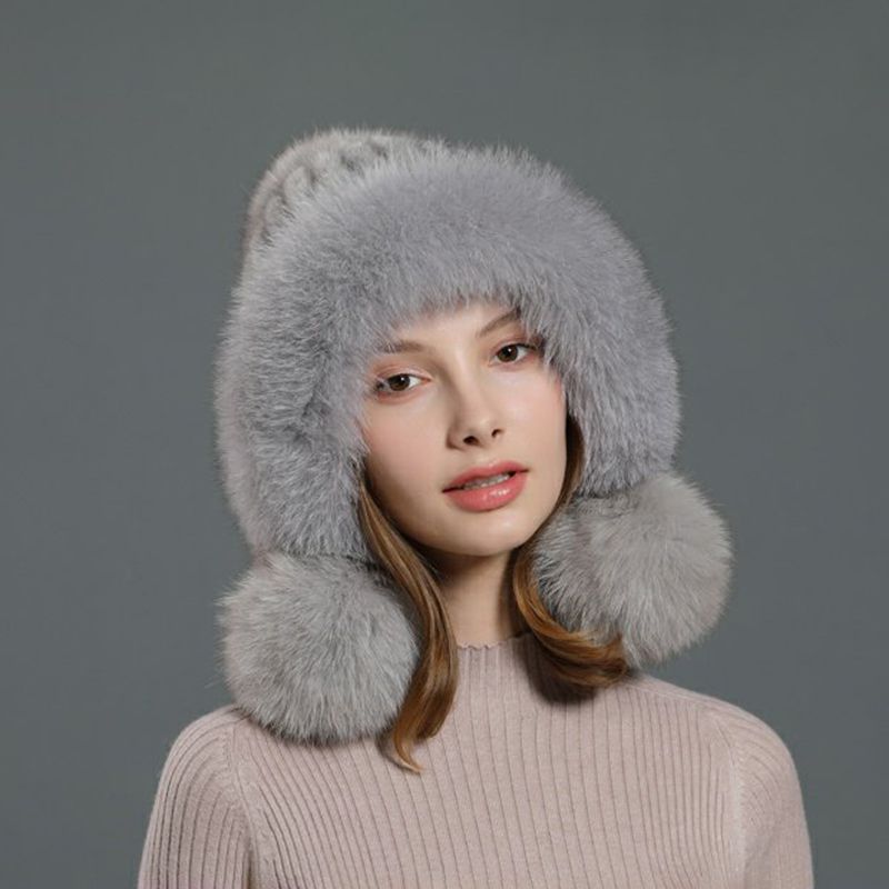 Luxury Real Mink Fur Hat with Fox Fur Trim Women Winter Knit Beanie with Pom-Pom Ear Flaps